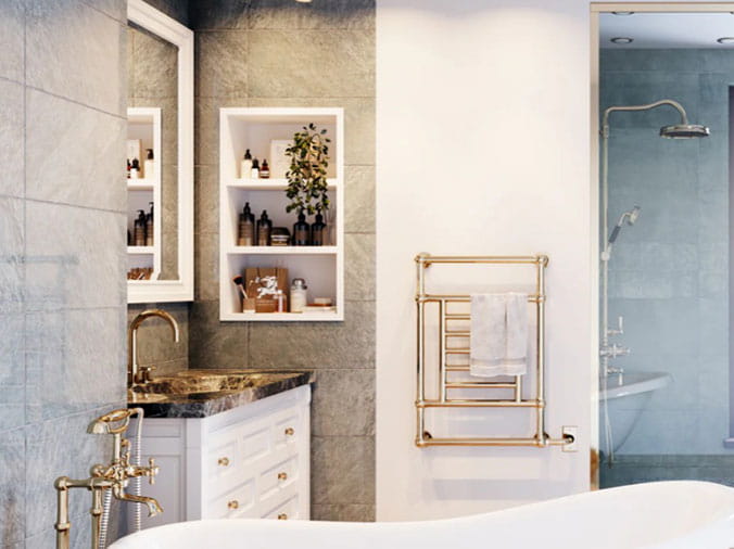 bathroom with brass faucet and fittings