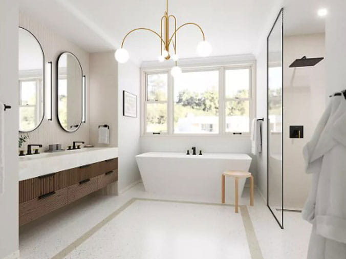 Bright bathroom with white walls and free standing bathtub in front of the window