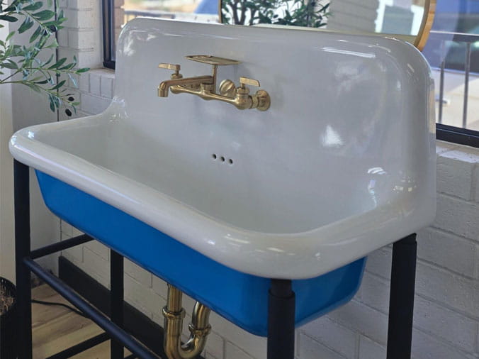 Free standing farmhouse sink with brass faucet and fittings
