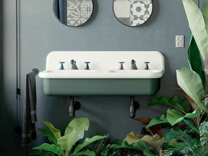 Wall mounted farmhouse sink with two faucets