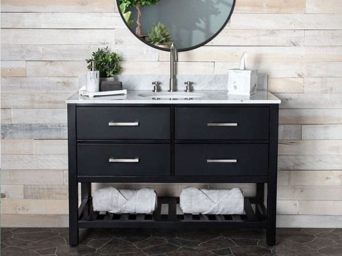 Black bathroom vanity with stainkess sink faucet